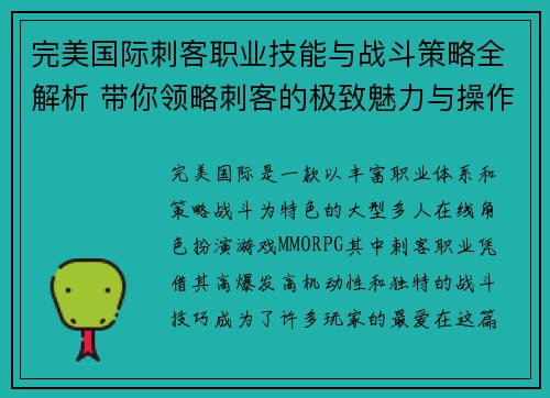 完美国际刺客职业技能与战斗策略全解析 带你领略刺客的极致魅力与操作技巧