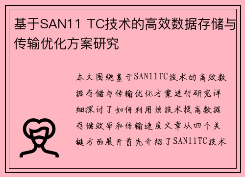 基于SAN11 TC技术的高效数据存储与传输优化方案研究